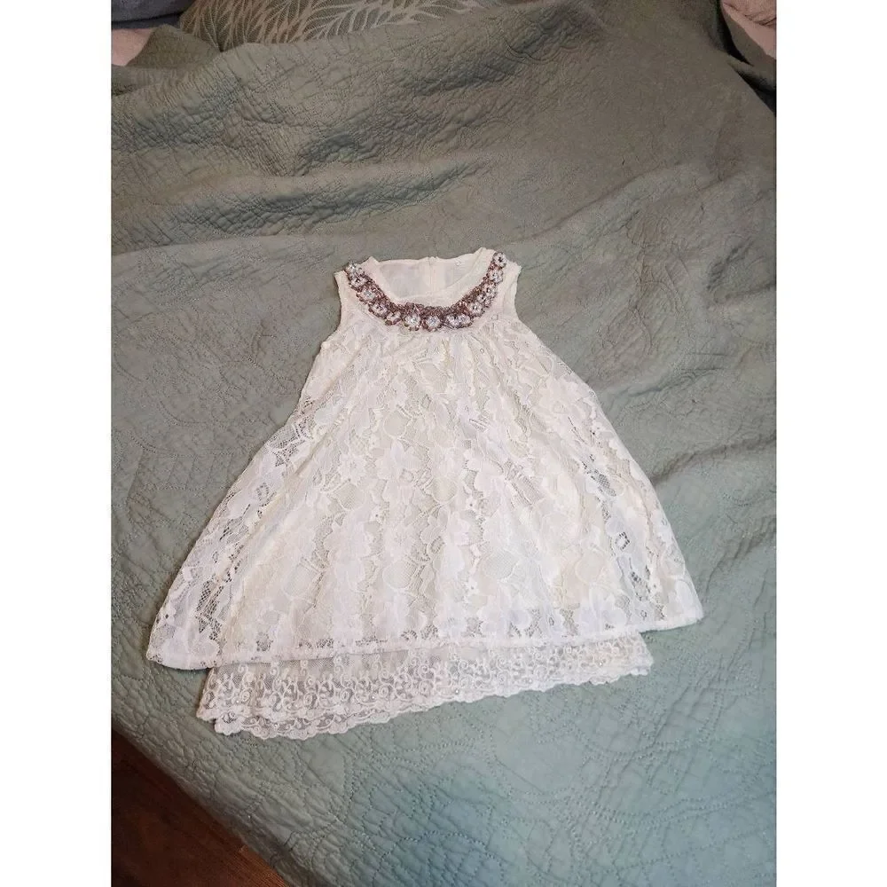 Ivory Lace Dress with Beaded Neckine